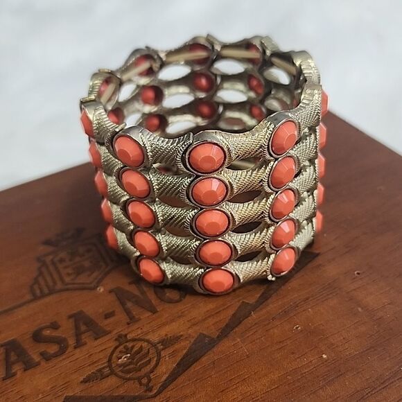 Vintage Coral/Orange Bezel Metal Cuff Bracelet - Picture 1 of 5